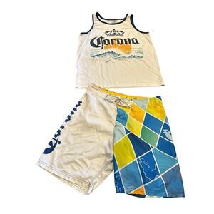 Vintage 80s Retro Corona Beer Beach Sun Tank Top Large & Swim Trunks Men’s Beach